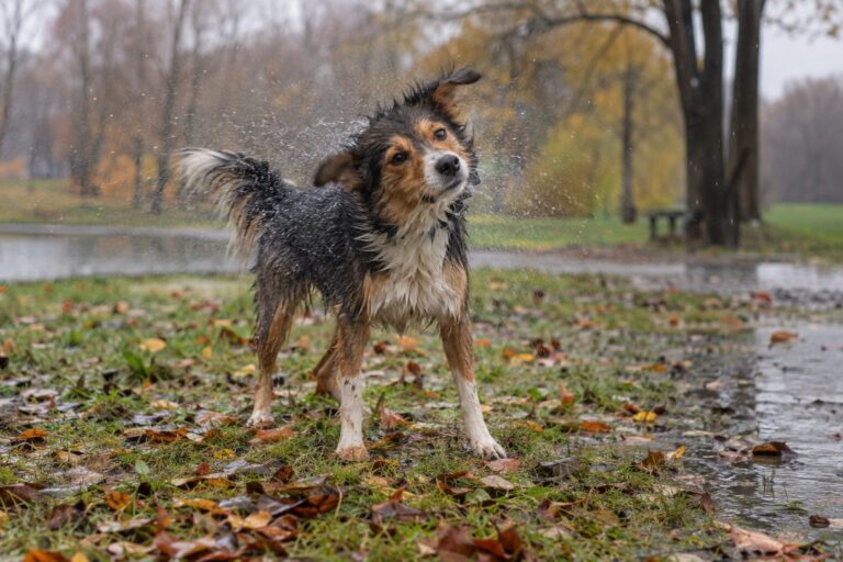 Un chien mouillé après une balade sous la pluie d'automne, dans un parc humide avec des feuilles au sol
