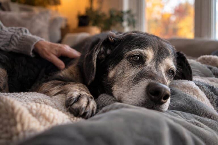 Un chien âgé et affaibli reposant près de son maître dans une ambiance mélancolique d'automne tardif
