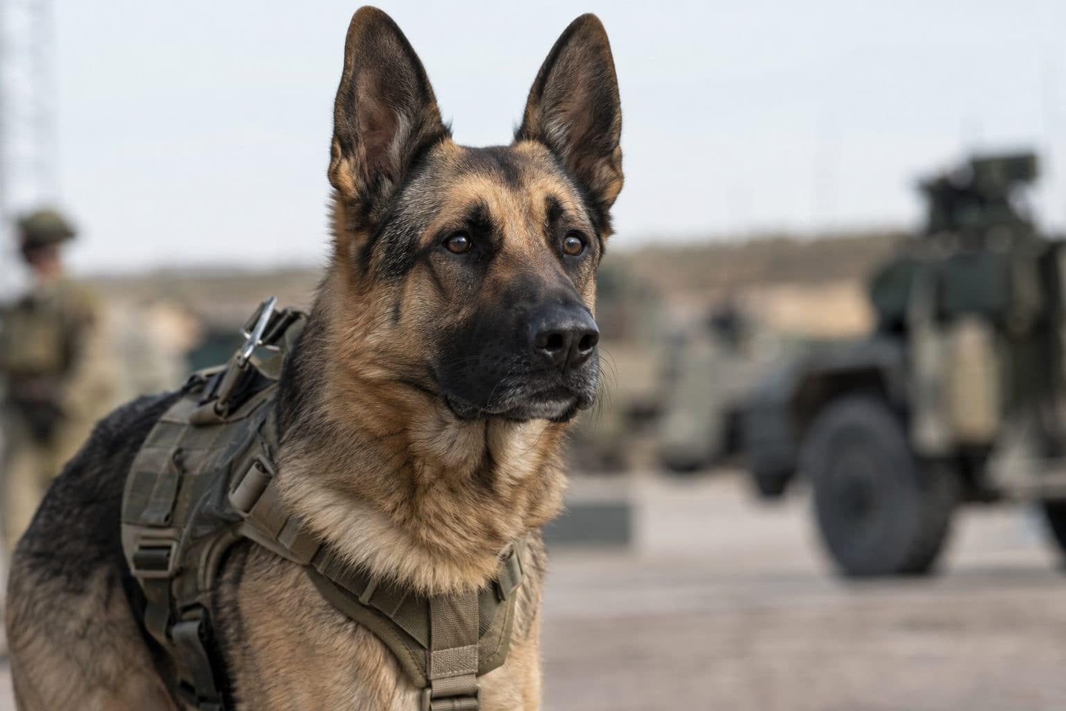Un Berger allemand (Canis lupus familiaris) en tenue militaire ou avec harnais de détection d'explosifs, portrait attentif dans un cadre militaire