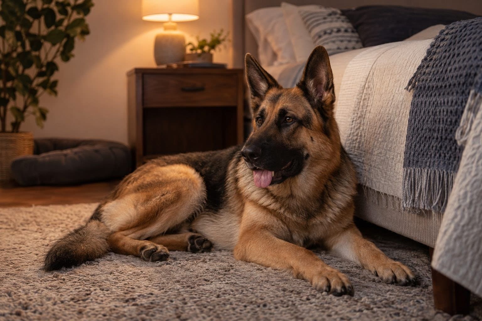 Un Berger allemand couché paisiblement près d'un lit dans un intérieur domestique, montrant l'affection et la loyauté d'un chien adopté