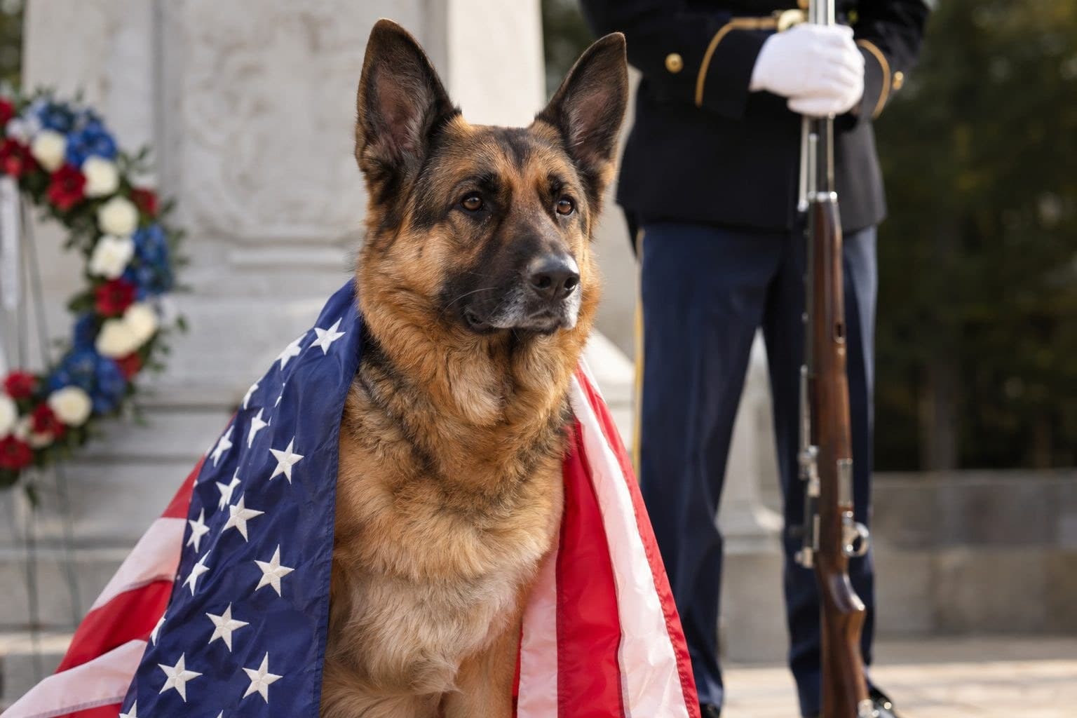 Un Berger allemand drapé du drapeau américain, hommage solennel et respectueux à un chien militaire
