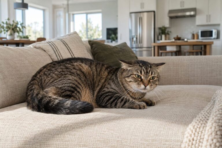 Chat gris allongé sur un canapé beige, les oreilles en arrière, l'expression crispée et stressée, dans un salon moderne avec une cuisine ouverte en arrière-plan où un four à micro-ondes brille sous la lumière du jour