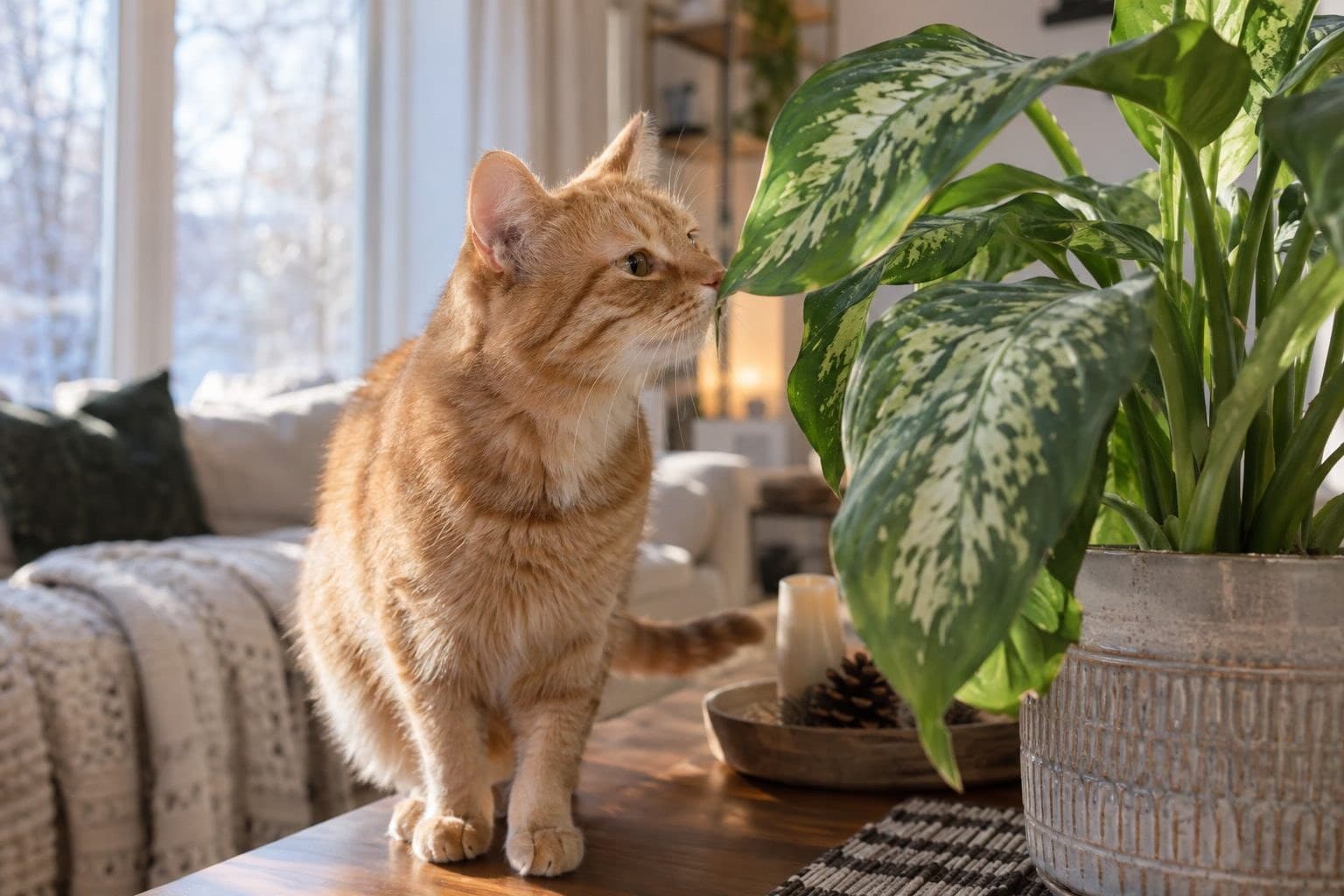 Un chat roux curieux reniflant une plante d'intérieur toxique (Dieffenbachia seguine) sur une table près d'une fenêtre lumineuse en hiver