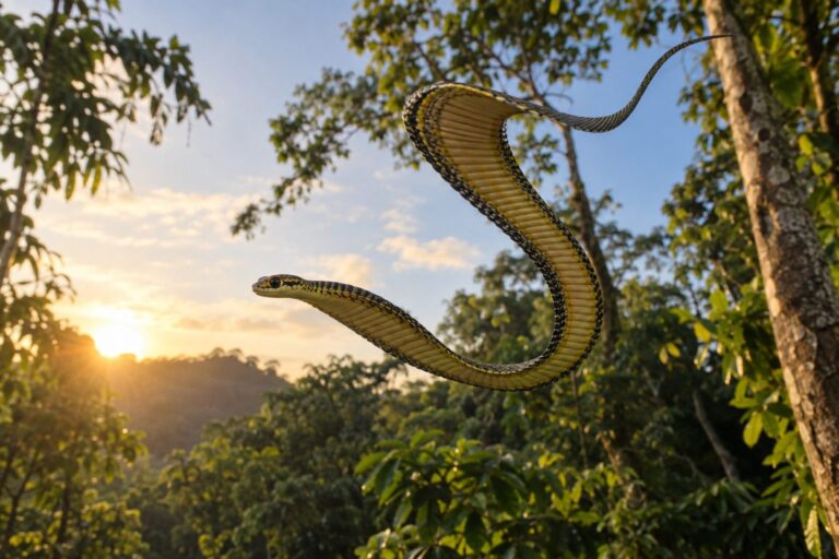 Serpent volant de Ceylan (Chrysopelea taprobanica) en vol planant