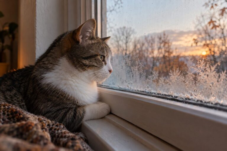 Un chat domestique ennuyé regardant par une fenêtre embuée par le froid d'automne, assis sur un rebord intérieur