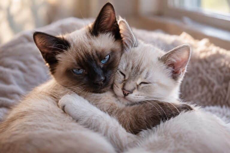 Deux chatons enlacés tendrement, se câlinant avec leurs pattes, gros plan affectueux montrant leur complicité