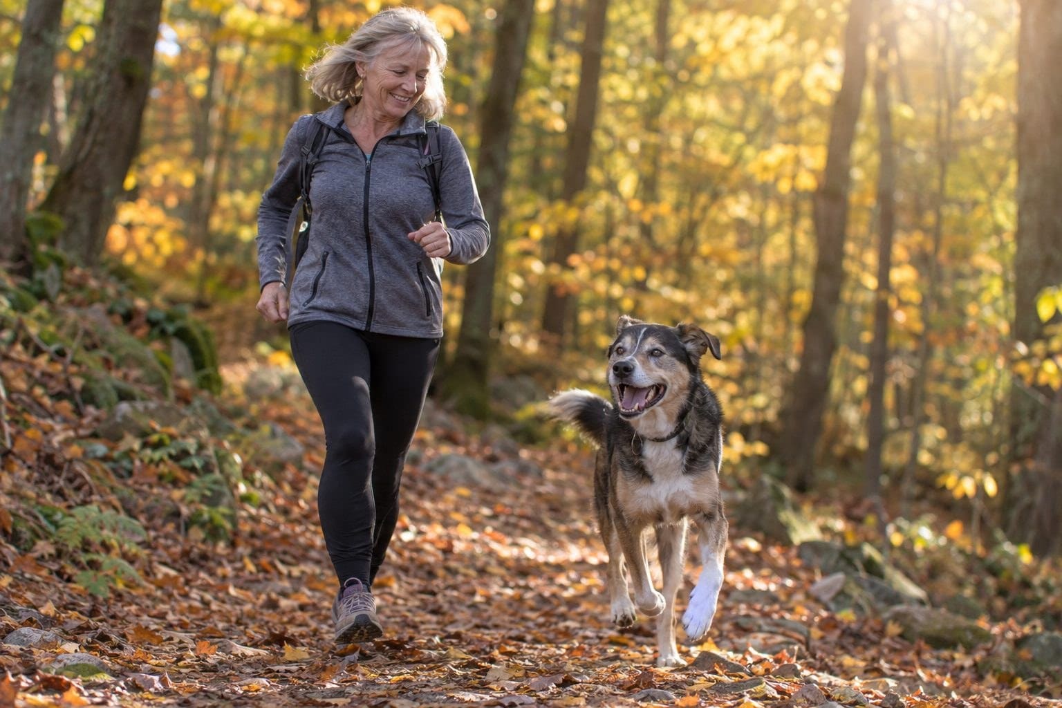 Un chien âgé robuste et énergique en pleine activité avec son maître dans un environnement naturel, illustrant la vitalité et la longévité