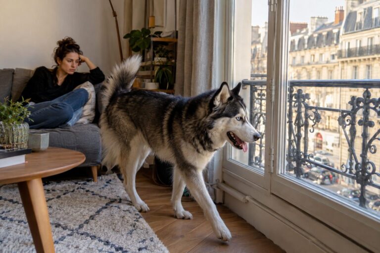 Un chien de grande race énergique (type Husky ou Berger Allemand) montrant des signes de stress ou d'agitation dans un petit appartement urbain, avec un maître frustré