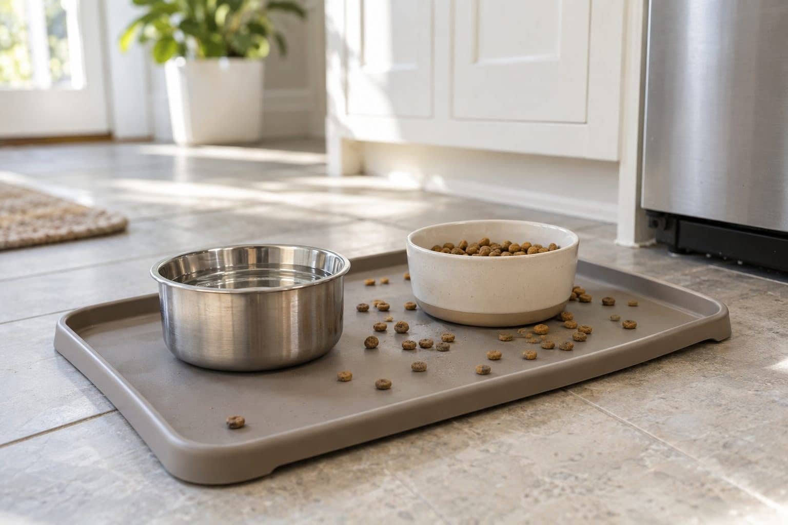 Un tapis d'alimentation pour animaux de compagnie (chat ou chien) de couleur neutre, posé au sol dans une cuisine moderne, contenant des croquettes, photographié de près pour montrer le détail du produit