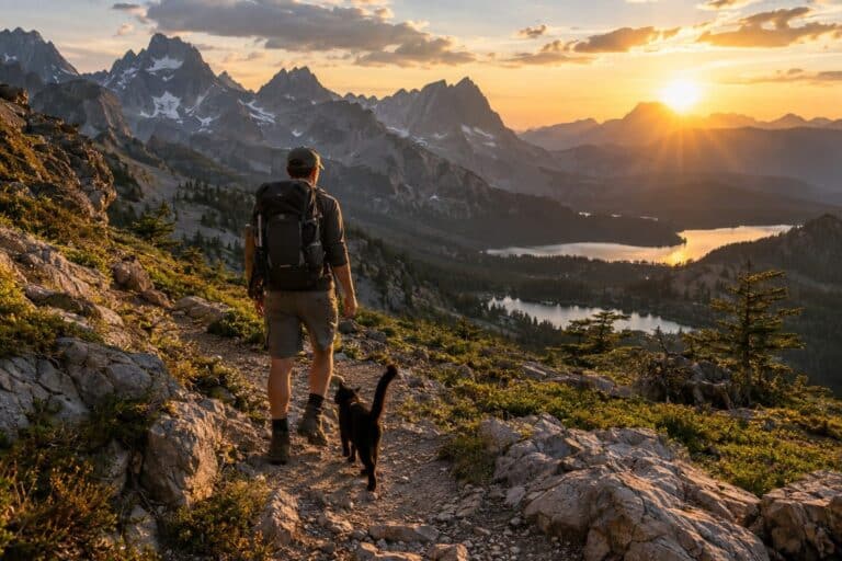 Un homme et son chat noir voyageant ensemble dans un paysage de montagne sauvage