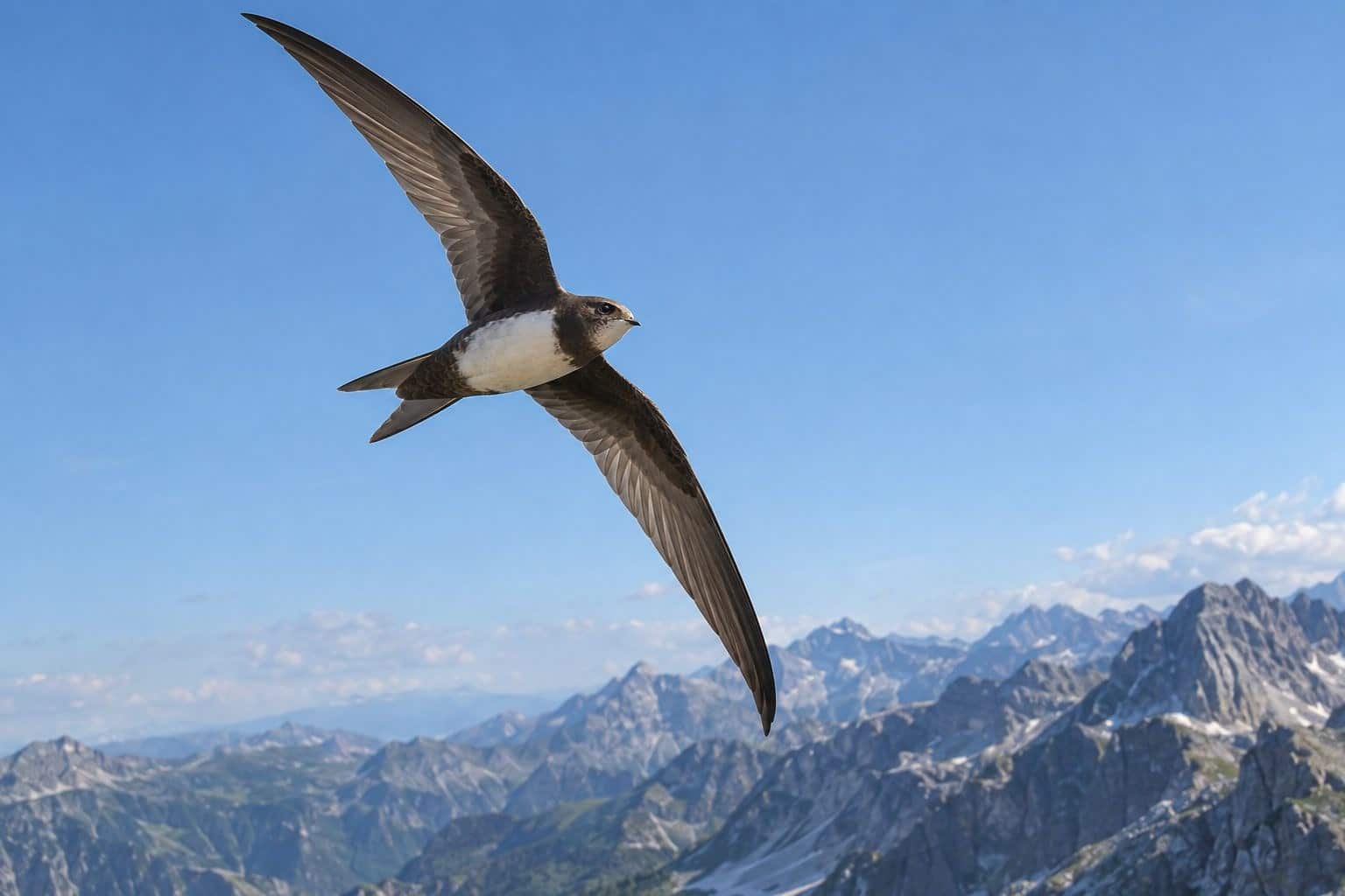 Martinet à ventre blanc en vol de chasse, se nourrissant d'insectes