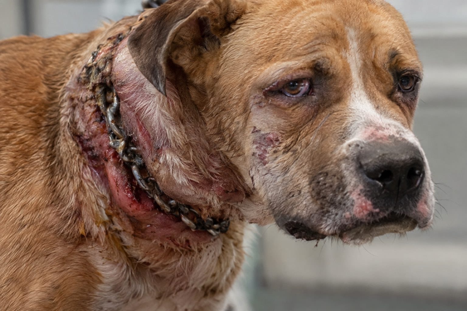Gros plan du visage d'une chienne abandonnée avec la tête gravement enflée et tuméfiée, portant une chaîne métallique profondément incrustée dans le cou