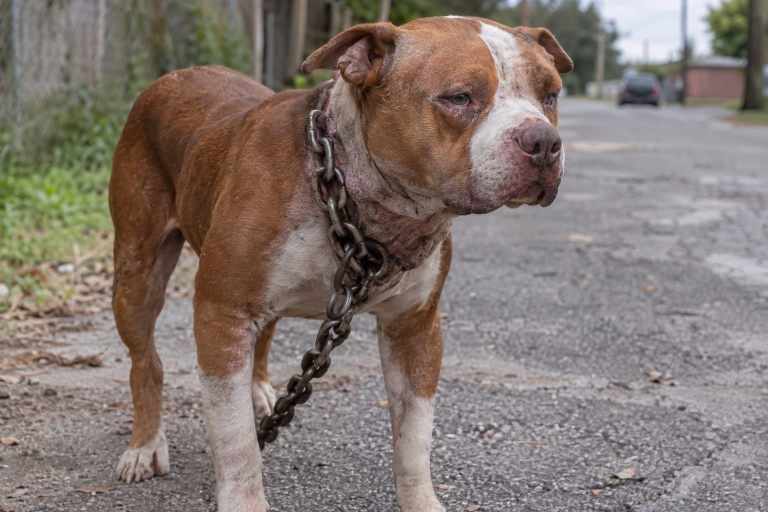 Un pitbull roux et blanc abandonné dans la rue, portant une chaîne métallique épaisse autour du cou, la tête visiblement très enflée