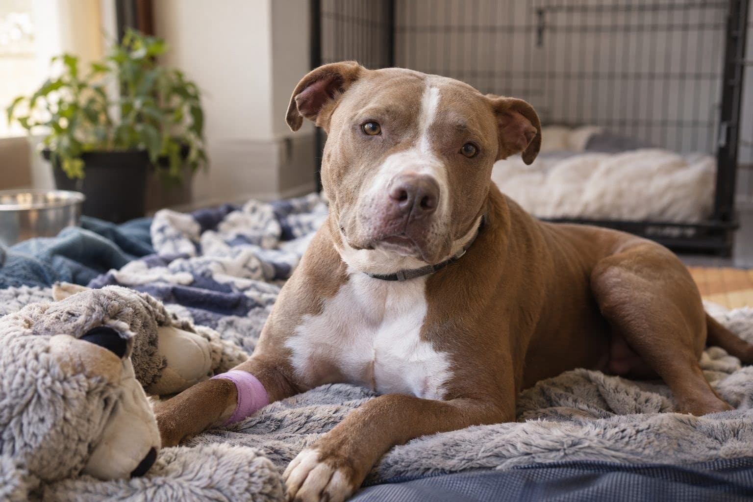 Un pitbull en phase de récupération post-opératoire, assis ou couché, la tête dégonflée, observant doucement autour de lui