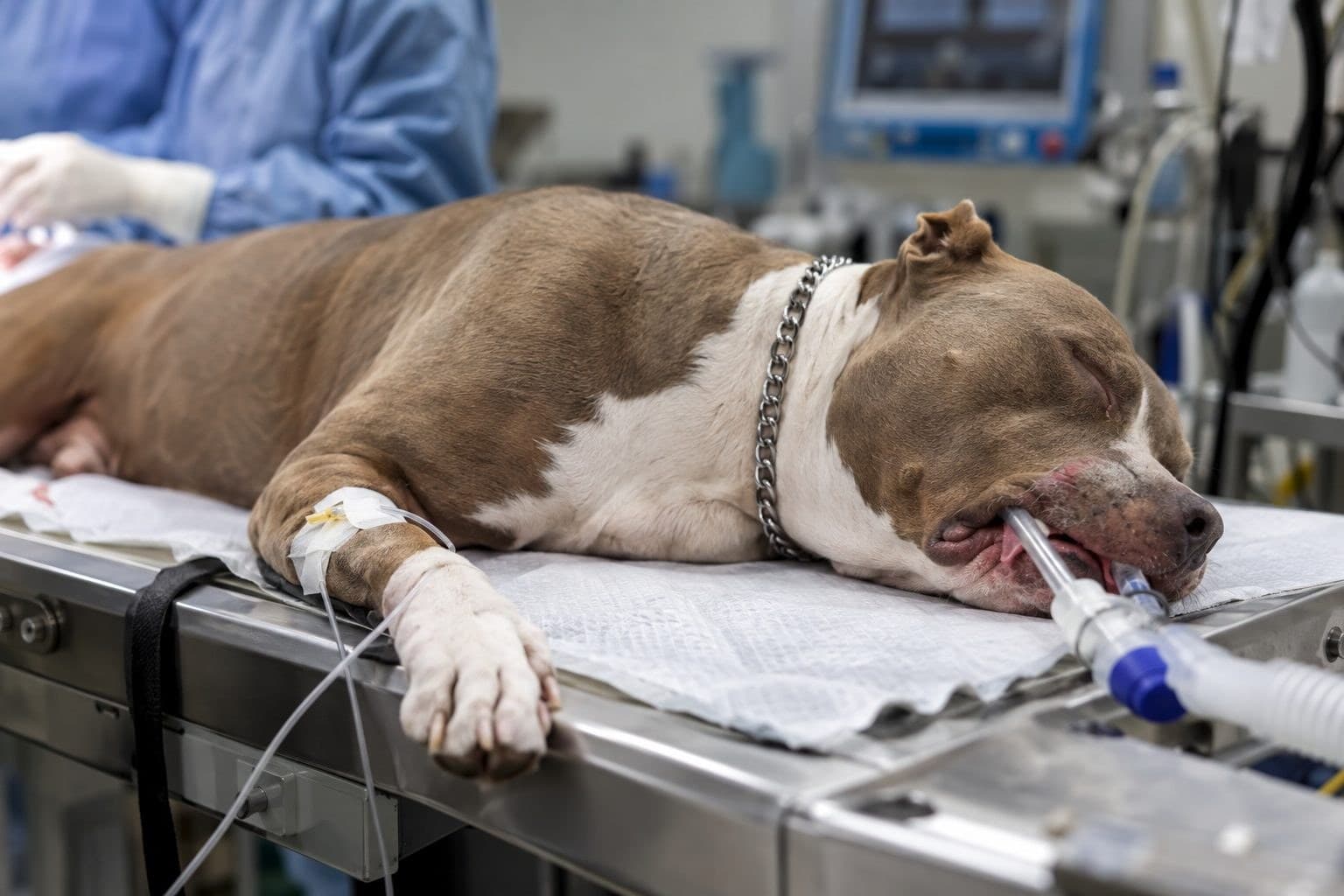 Un pitbull endormi sous anesthésie générale sur une table d'opération vétérinaire, chaîne toujours visible avant son retrait