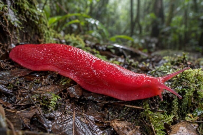 Limace rouge de Kaputar (Triboniophorus graeffei) en gros plan sur le sol forestier humide de son habitat naturel