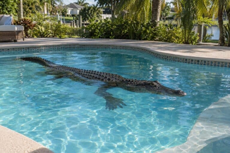 Un énorme alligator américain de plus de 3 mètres flottant dans une piscine résidentielle en Floride
