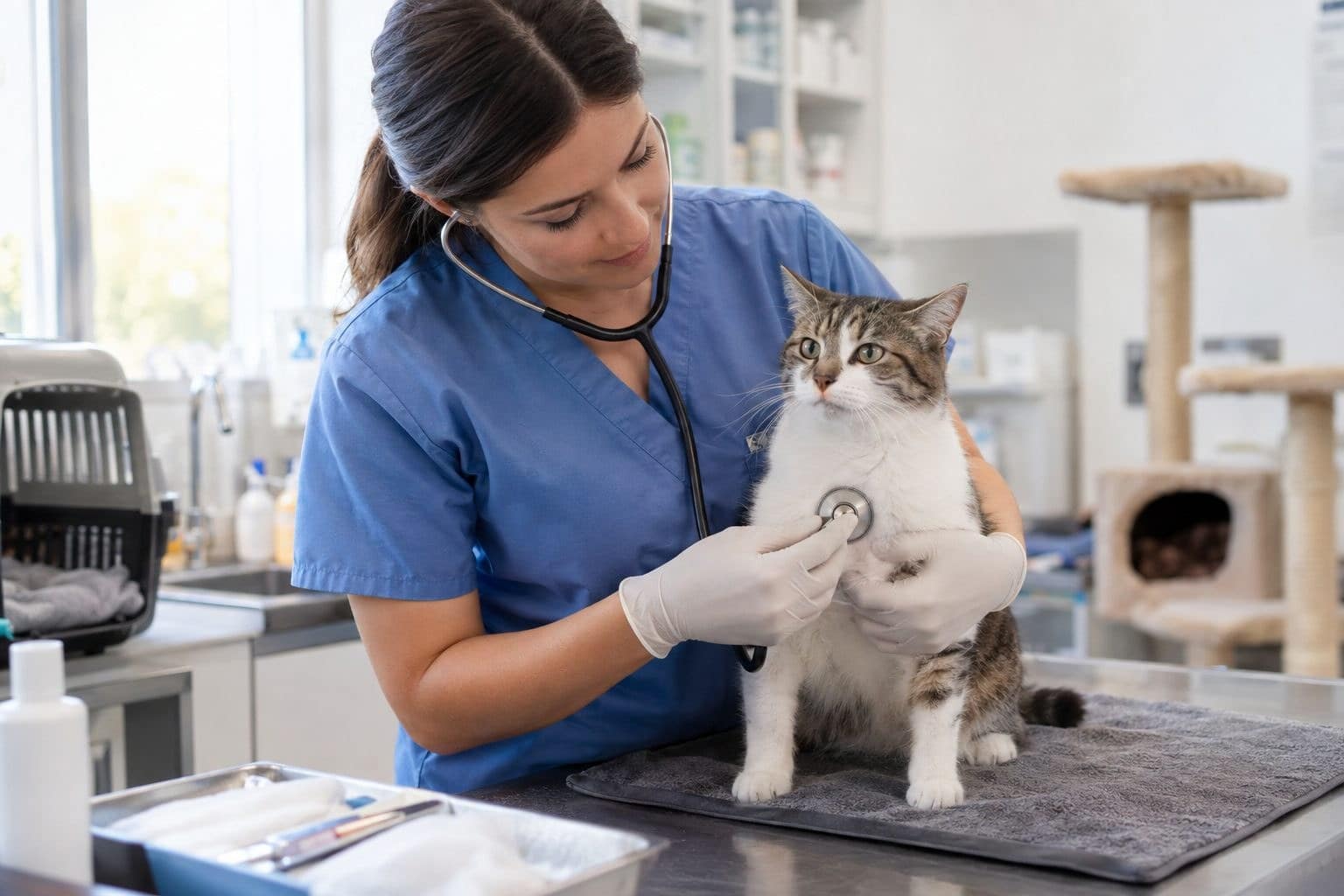 Une vétérinaire examinant un chat malade dans une clinique du refuge avec du matériel médical visible