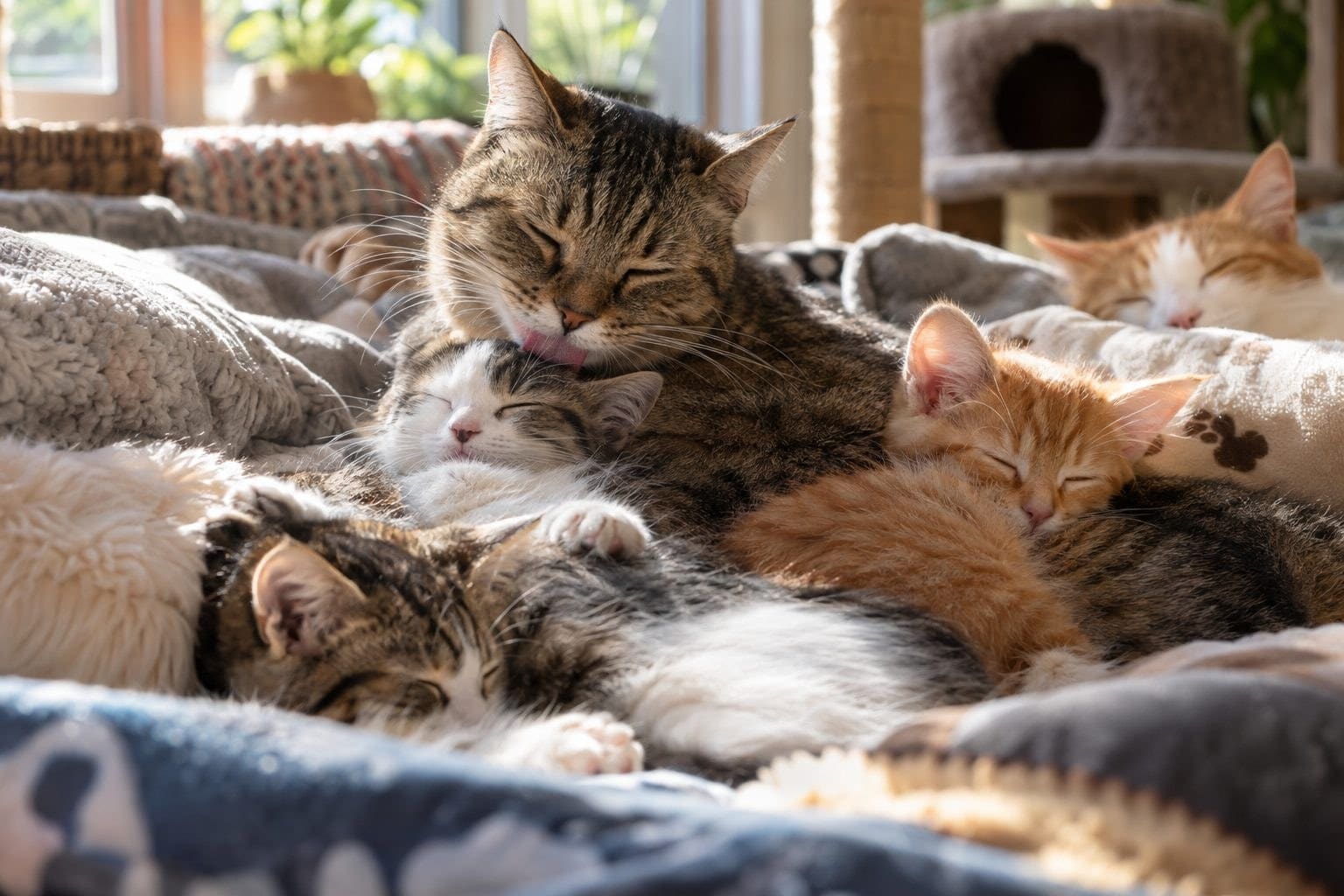 Gros plan d'un groupe de chatons et chats adultes se détendant ensemble dans un espace de repos du refuge
