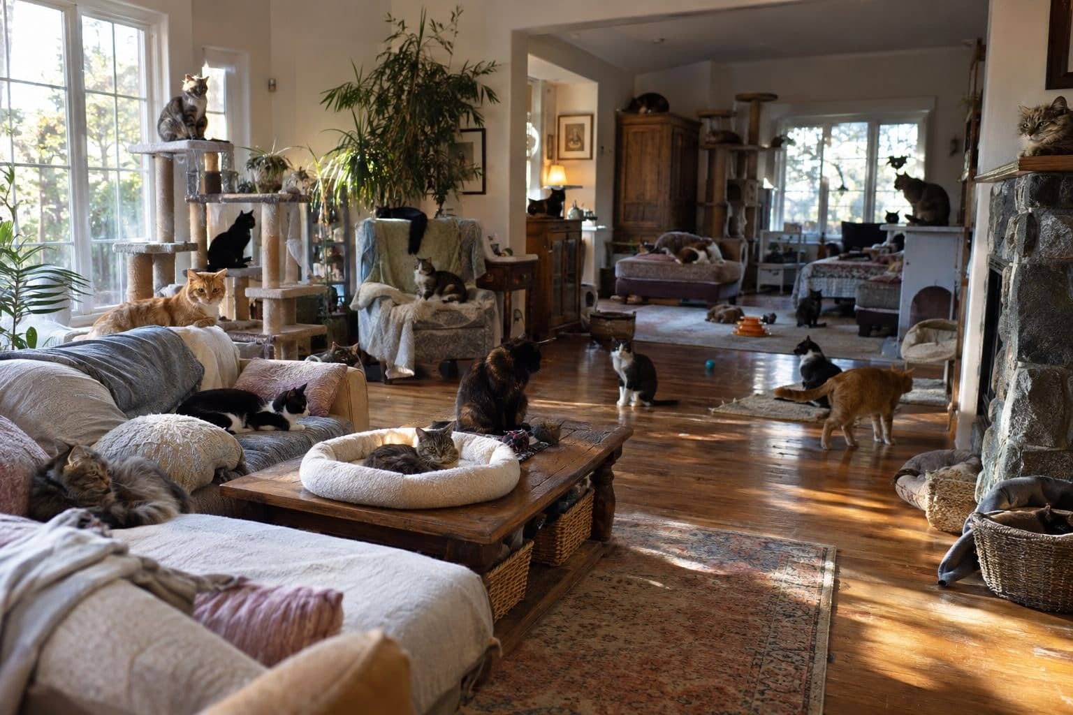 Intérieur d'une maison californienne transformée en refuge, avec des dizaines de chats errants et abandonnés dispersés dans les pièces, sur les meubles et le sol