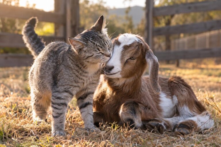Un chat gris tabby et un bébé chèvre (chevreau) jouant ensemble tendrement au refuge Leon Vegano Animal Sanctuary en Espagne