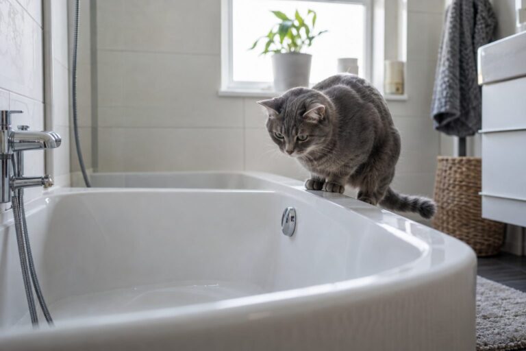 Chat gris assis sur le rebord d'une baignoire blanche, regardant vers le bas, lumière naturelle du salle de bain