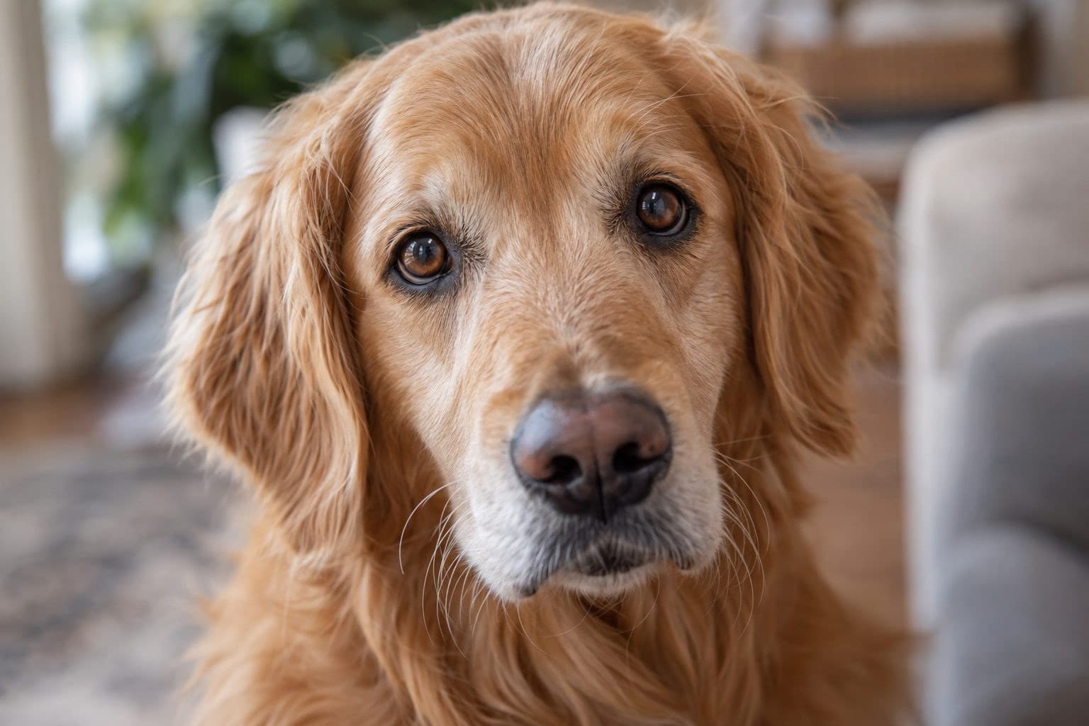 Gros plan du visage d'un chien (Canis lupus familiaris) regardant intensément son propriétaire avec des yeux brillants et attentifs, en intérieur lumineux