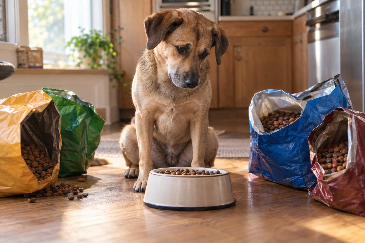 Un chien beige/marron de taille moyenne regardant sa gamelle avec hésitation, entourée de différents sacs de croquettes ouvertes, en intérieur lumineux