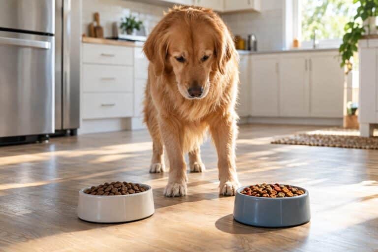 Un chien golden retriever face à deux gamelles de croquettes différentes, montrant l'hésitation et la confusion digestive
