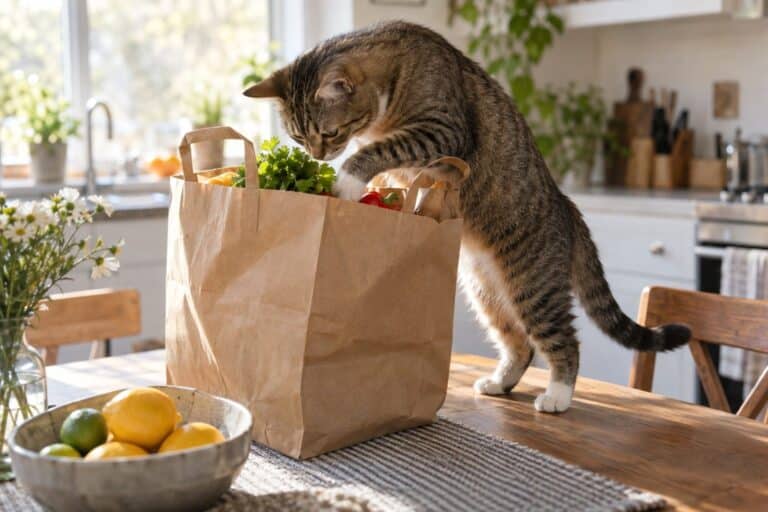 Un chat domestique fouillant avec curiosité dans un sac de course en papier kraft posé sur une table de cuisine moderne, moustaches vibrantes et regard concentré