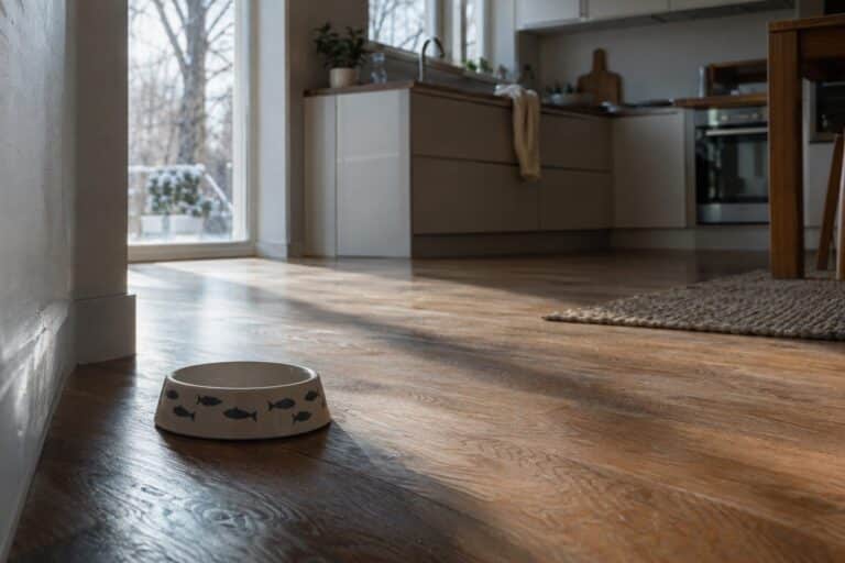 Chat domestique absent de sa maison, gamelle pleine en premier plan, intérieur vide et silencieux en janvier