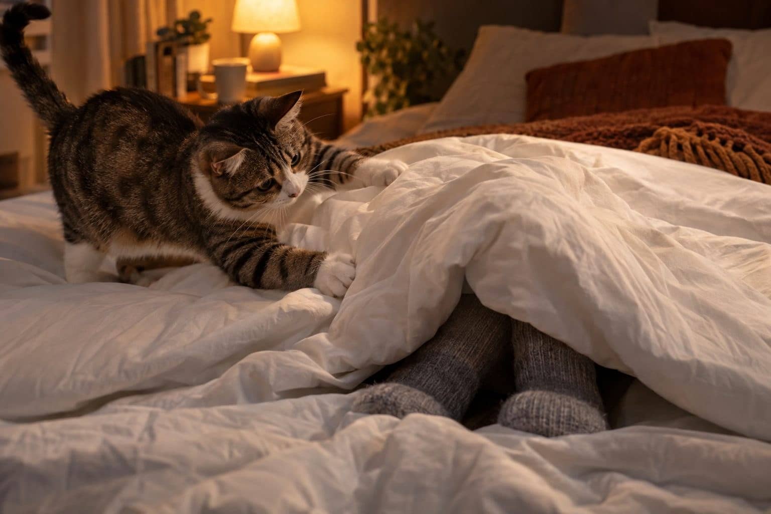 Un chat tabby attaquant les pieds d'une personne sous une couette la nuit