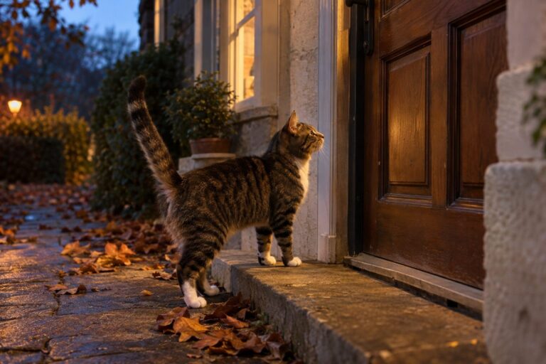 Chat devant une porte d'entrée en soirée d'automne, effectuant son manège caractéristique