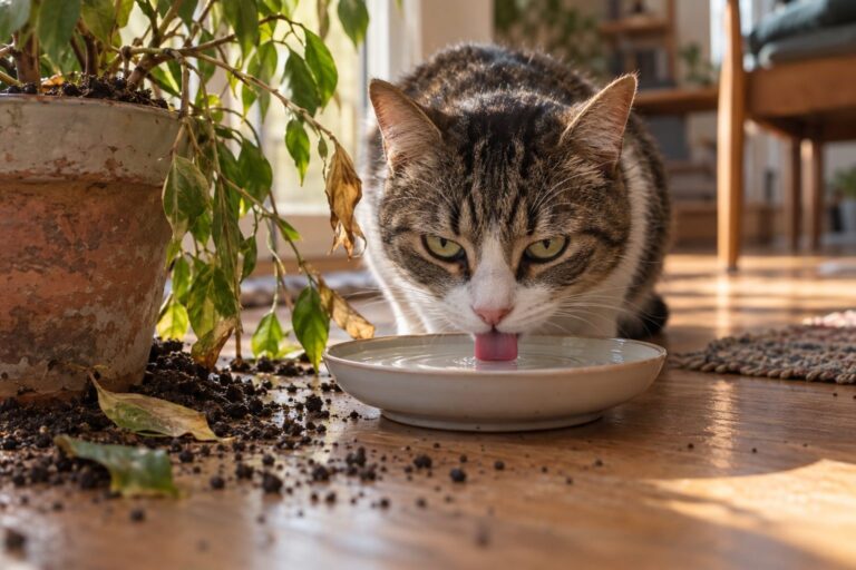 Un chat domestique en gros plan buvant dans une soucoupe d'eau à côté d'une plante d'intérieur avec des feuilles visiblement endommagées