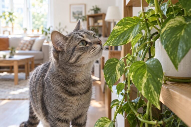 Chat gris tabby en gros plan explorant les feuilles d'un pothos (Epipremnum aureum) en intérieur lumineux