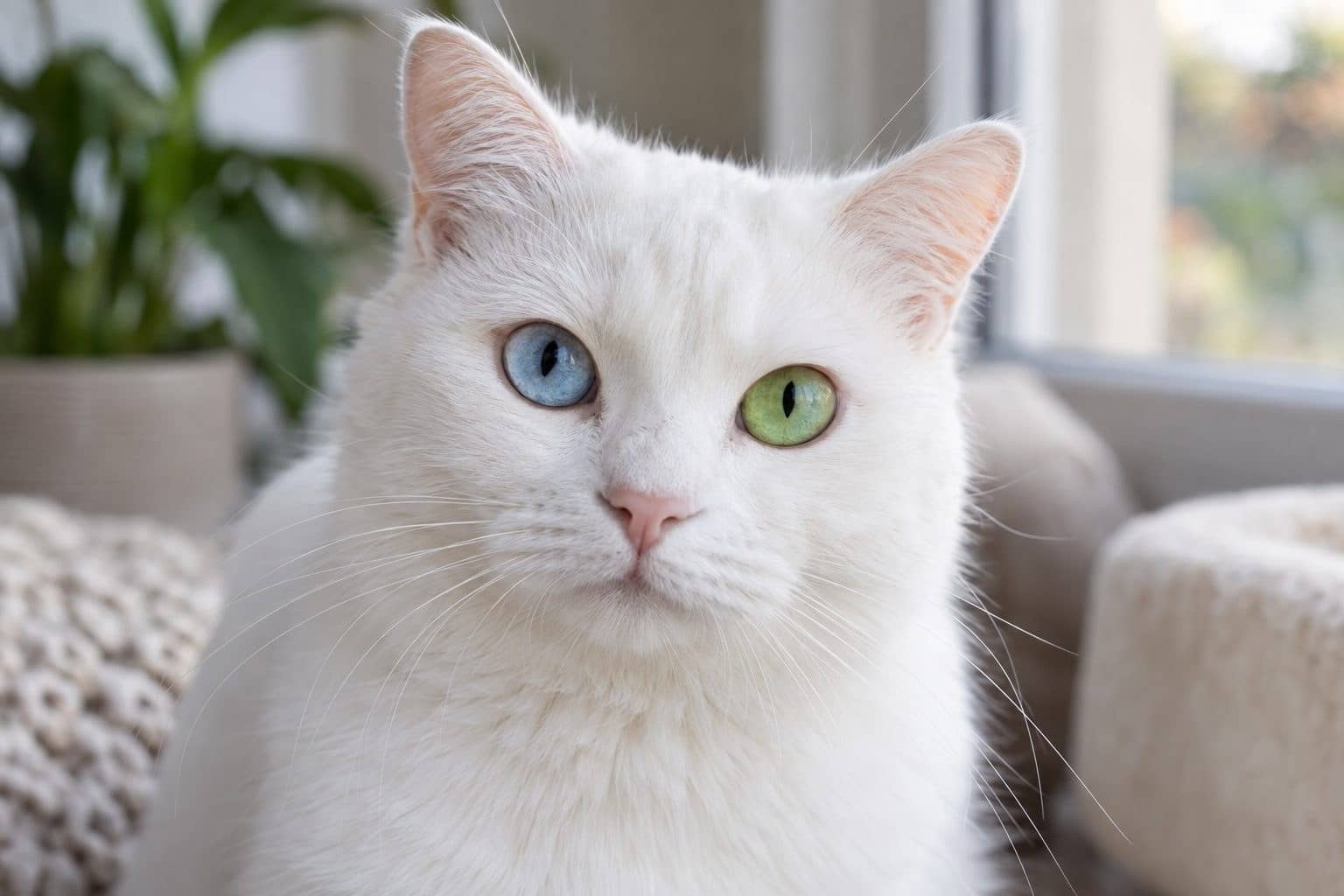 Chat blanc Cotton aux yeux ouverts révélant ses magnifiques yeux vairons bleu et vert