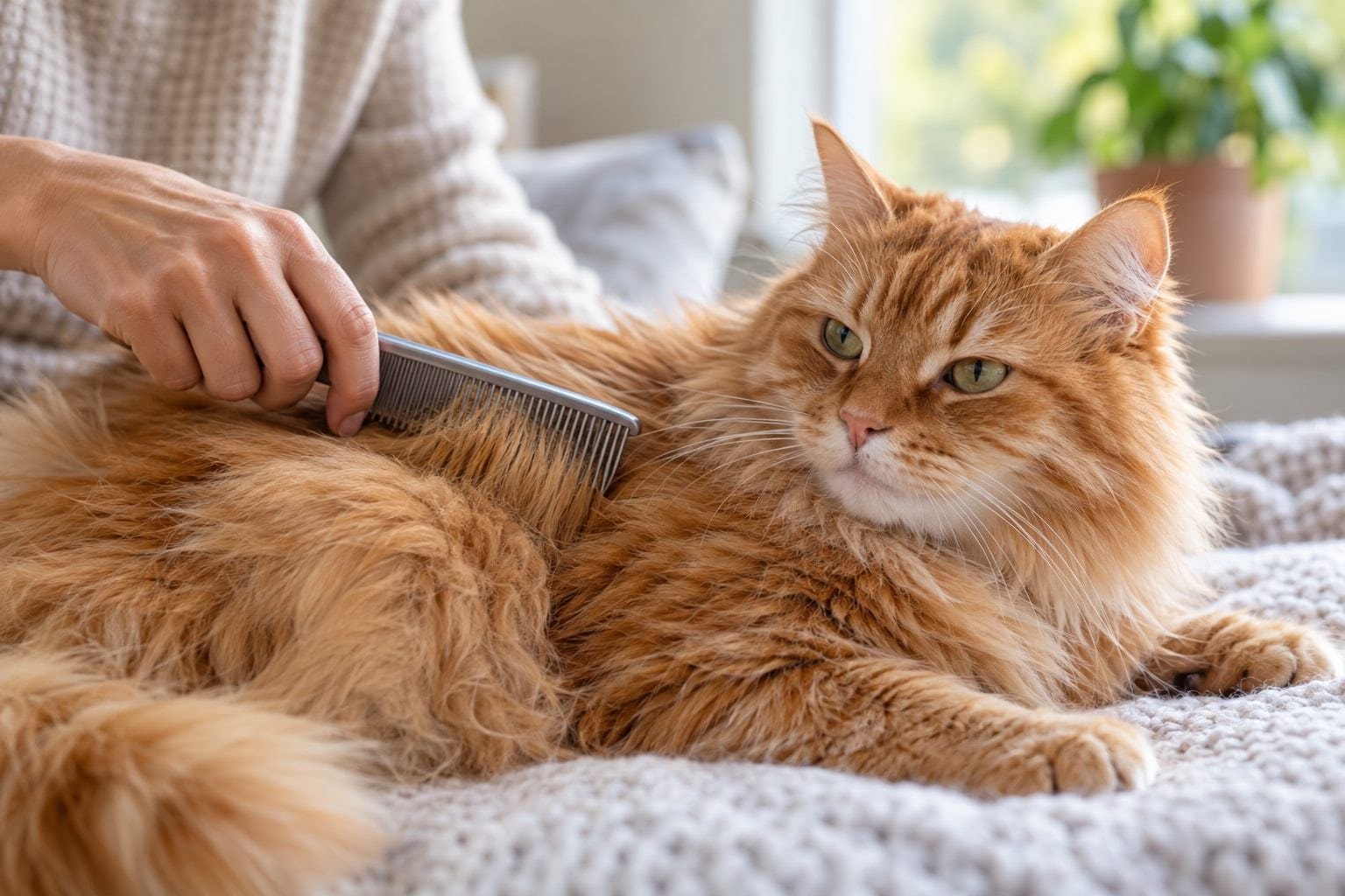 Peigne fin utilisé sur le pelage mi-long d'un chat roux