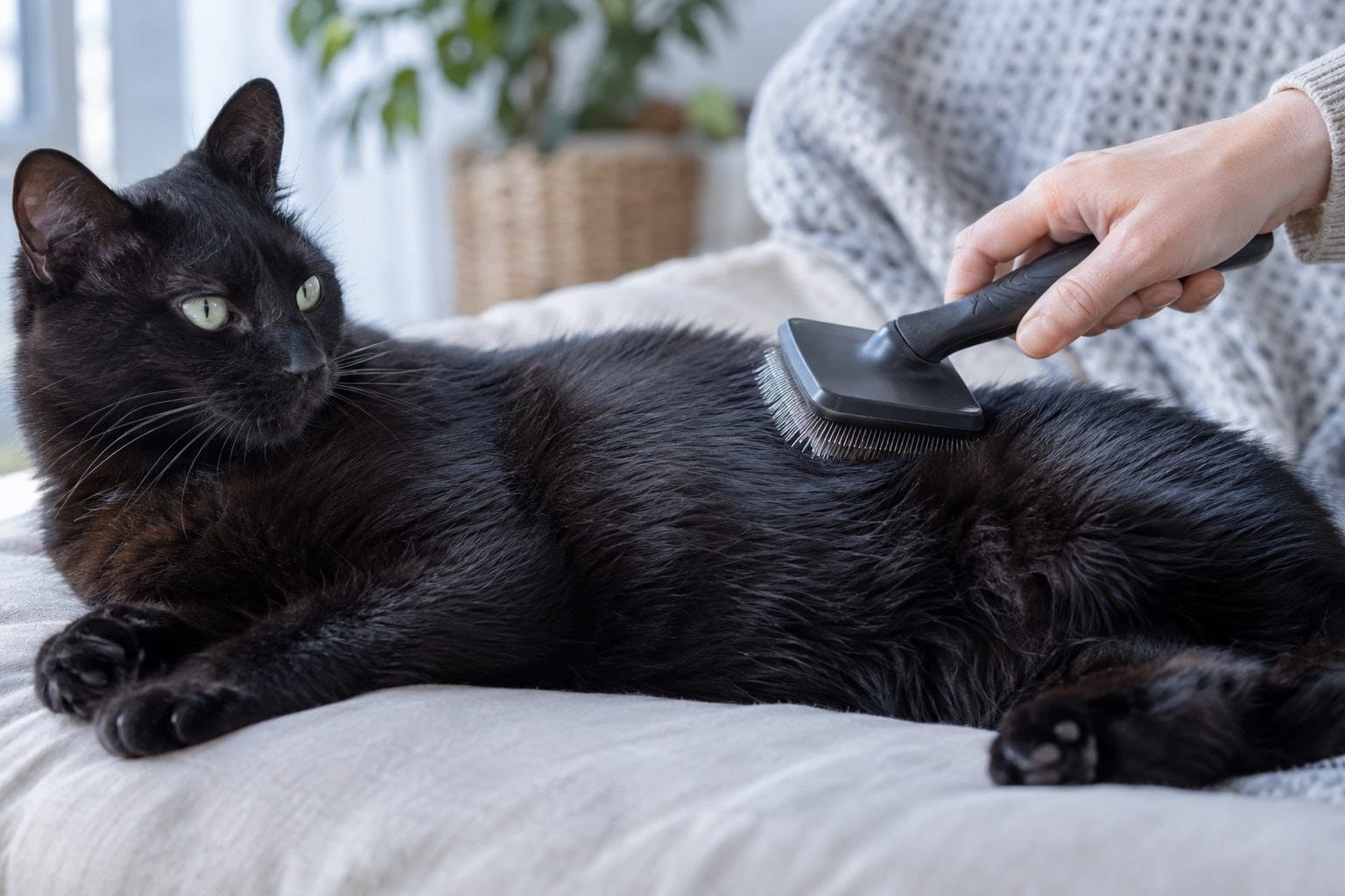Brosse à lissage douce passée sur le flanc d'un chat noir