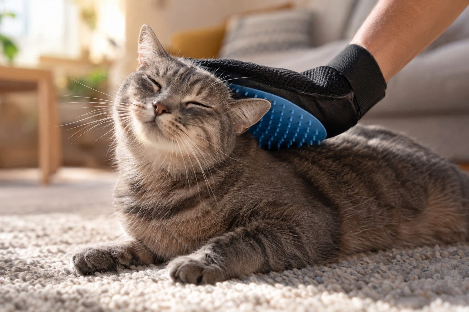 Gant brosse en caoutchouc utilisé pour masser et brosser un chat gris