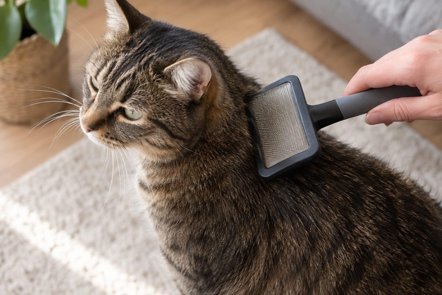 Brosse à picots utilisée sur le dos d'un chat tigré
