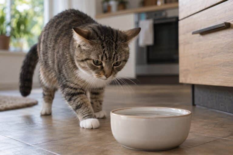 Chat domestique (Felis catus) hésitant et méfiant face à sa gamelle d'eau, renifant ou reculant