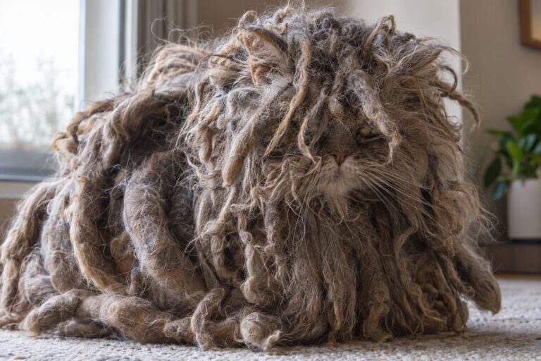 Chat aux dreadlocks enchevêtrés ressemblant à une pieuvre, gros plan de la tête et du corps