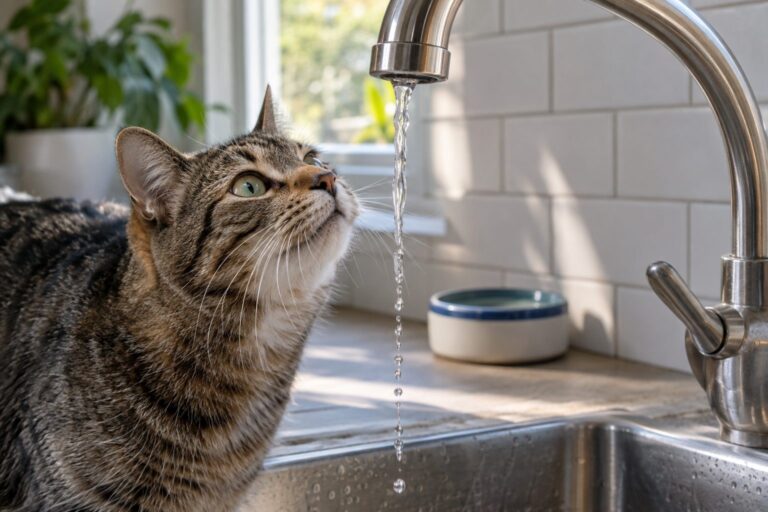 Chat fasciné par le filet d'eau du robinet, refusant sa gamelle d'eau