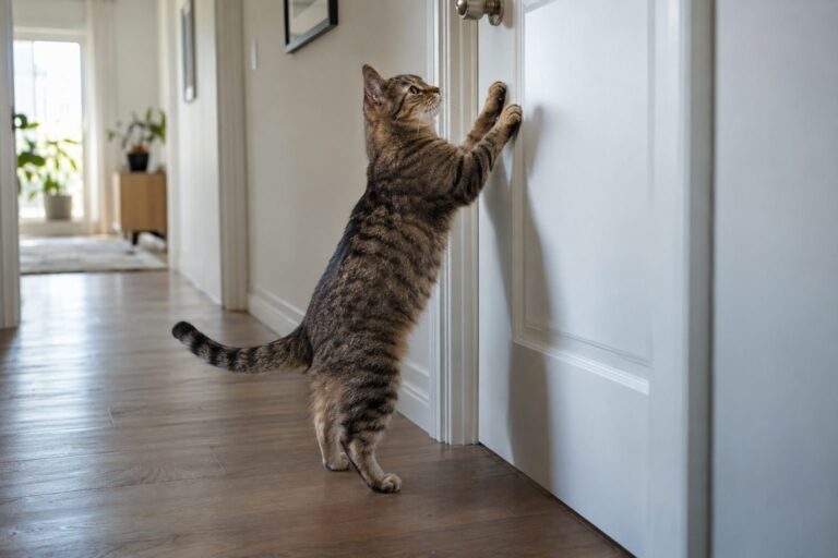 Chat gris tabby frustré grattant une porte fermée blanche d'un appartement moderne