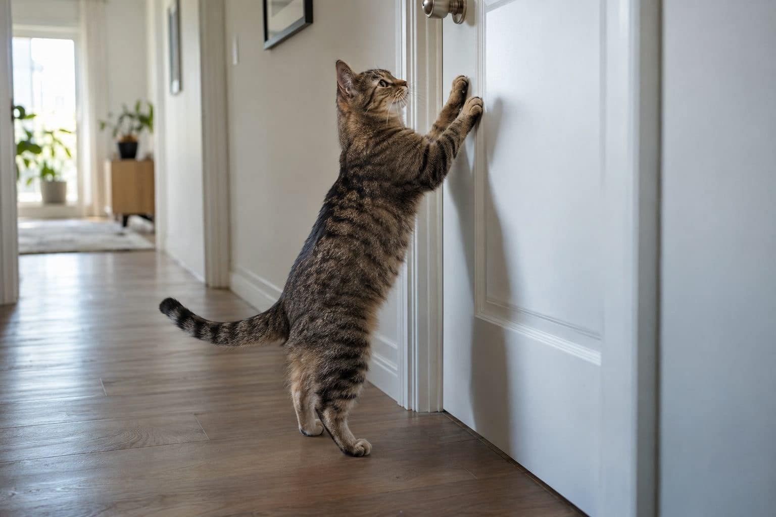 Chat frustré devant une porte fermée : comprendre ce besoin de contrôle et comment aider votre félin à se sentir en sécurité chez vous