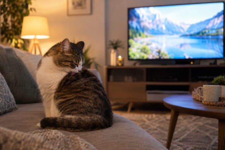 Un chat domestique assis sur un canapé, ignorant complètement un écran de télévision allumé devant lui, préférant se toiletter ou bâiller