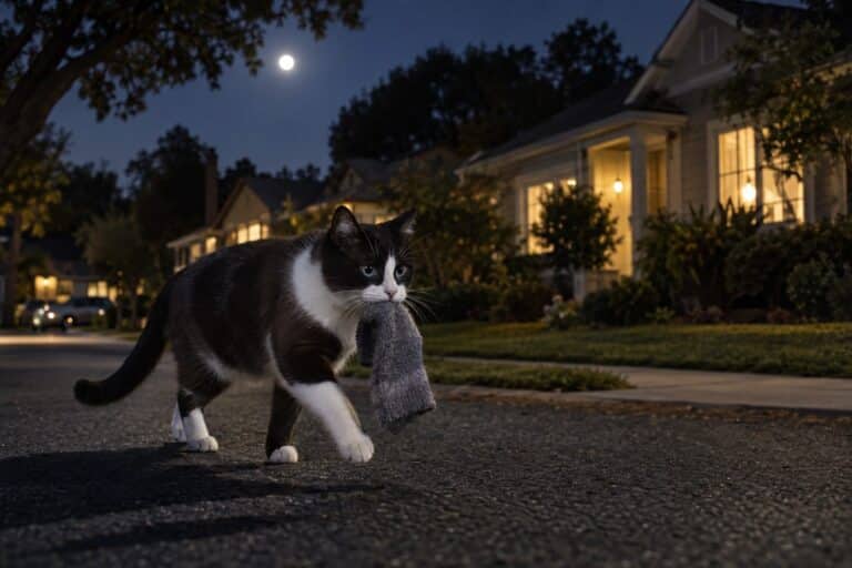 Un chat Snowshoe blanc et noir volant un objet domestique la nuit dans une rue résidentielle de Californie