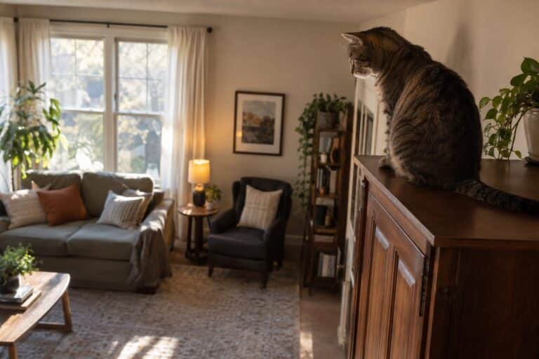 Chat domestique perché sur une armoire en hauteur, observant la maison depuis son point de vue élevé