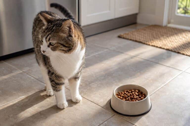 Chat domestique refusant sa gamelle de nourriture en intérieur