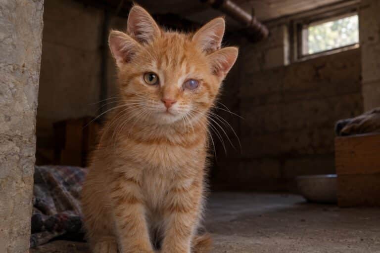 Portrait rapproché d'un chaton roux avec quatre oreilles visibles et un œil affecté, assis dans une cave sombre en Australie